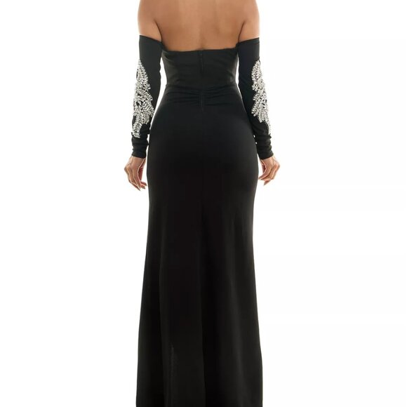 Juniors' Strapless Rhinestone Applique on Sleeve Bodycon Mermaid Gown - Picture 3 of 5